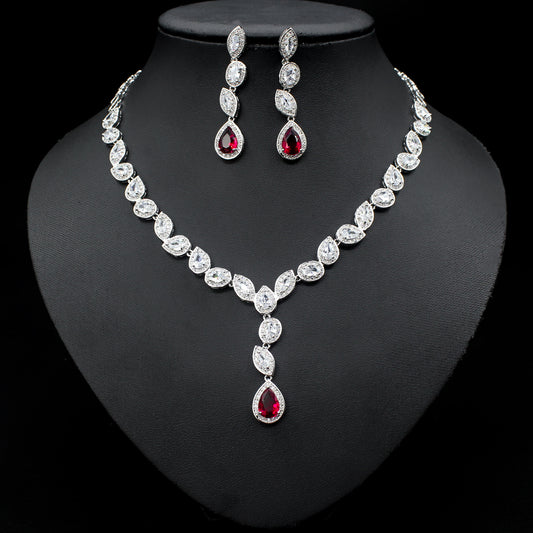 Colorful Zircon Necklace Earrings Clavicle Chain Female Noble Luxury Wedding Dress Three-piece Set