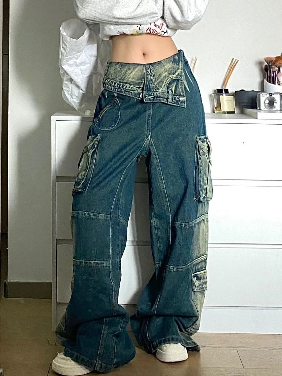 Plus Size Retro Washed Cargo Jeans Women
