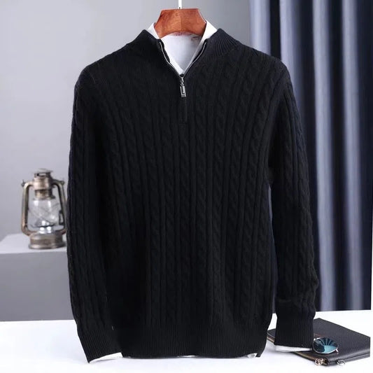 Men's Thick Twist Sweater Zipper Half Open High Collar Warm Sweater Bottoming Shirt