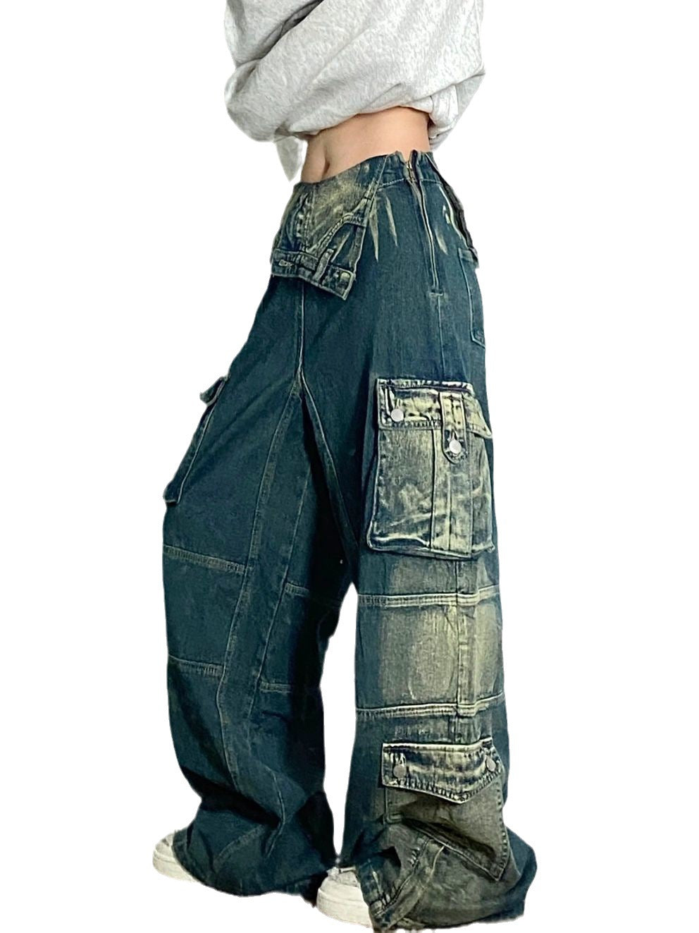 Plus Size Retro Washed Cargo Jeans Damen